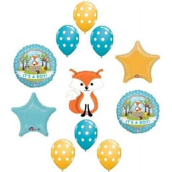 LoonBalloon Fox Woodland Animals It's a BOY Welcome Baby Shower 11 Party Mylar Balloons Set