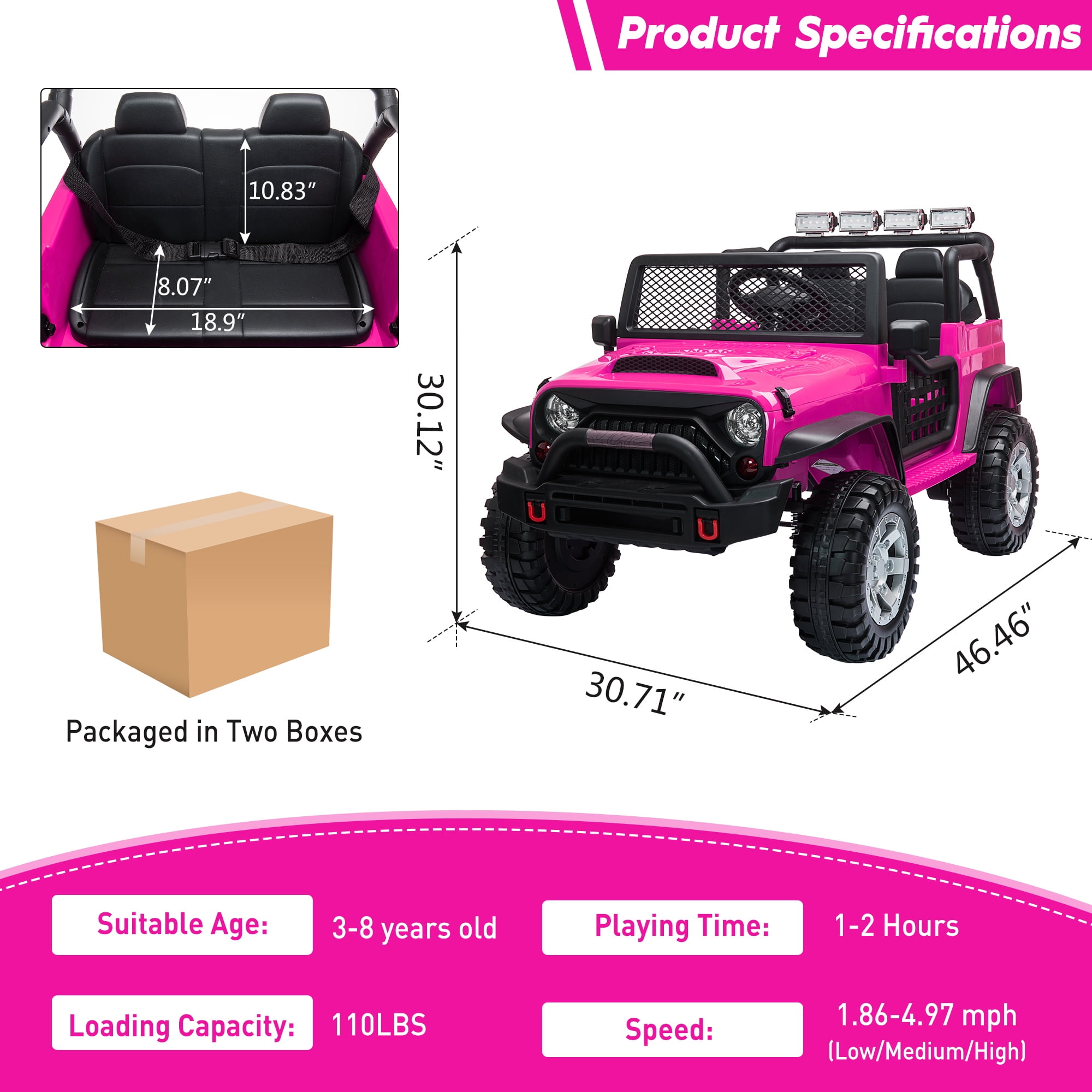 TOBBI 12V Kids Ride on Car, Jeep Car with Remote Control, LED Lights, Music, Horn, Bluetooth, Spring Suspension, Rocking, Rose Red
