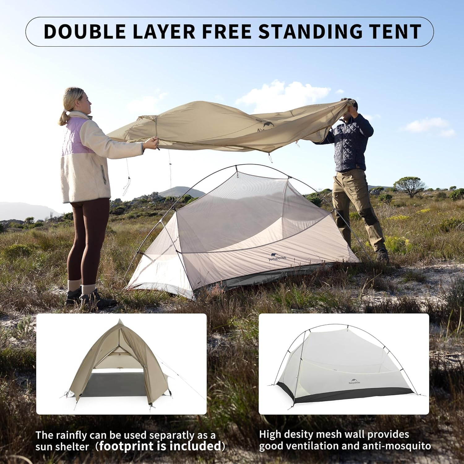 Naturehike 2 Person Tent Lightweight Backpacking Tent with Footprint - Free Standing Ultralight Camping Hiking Backpack Tents, 7.22×5.25ft, Sand