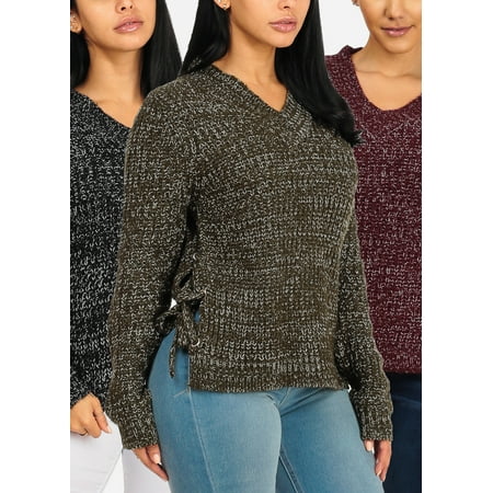 DEAL OF THE YEAR! BEST VALUE! Womens Juniors Knitted Lace Up Side Sweaters (3 PACK) (Best Deals On Cashmere Sweaters)