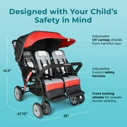 Foundations Gaggle Compass 4-Seat Quad Stroller, Reclining Seats with Canopy, Red