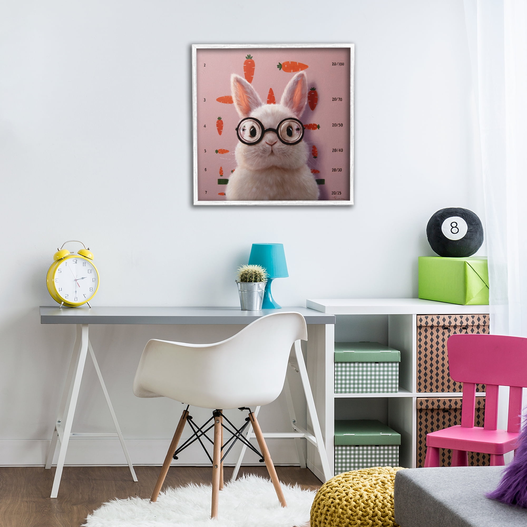 Bunny & Carrots Eye Exam White Framed Giclee Art, design by Lucia Heffernan