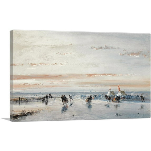 ARTCANVAS Winter Fun On The Ice Near a Koek En Zopie Canvas Art Print by Andreas Schelfhout - Size: 26" x 18" (0.75" Deep)