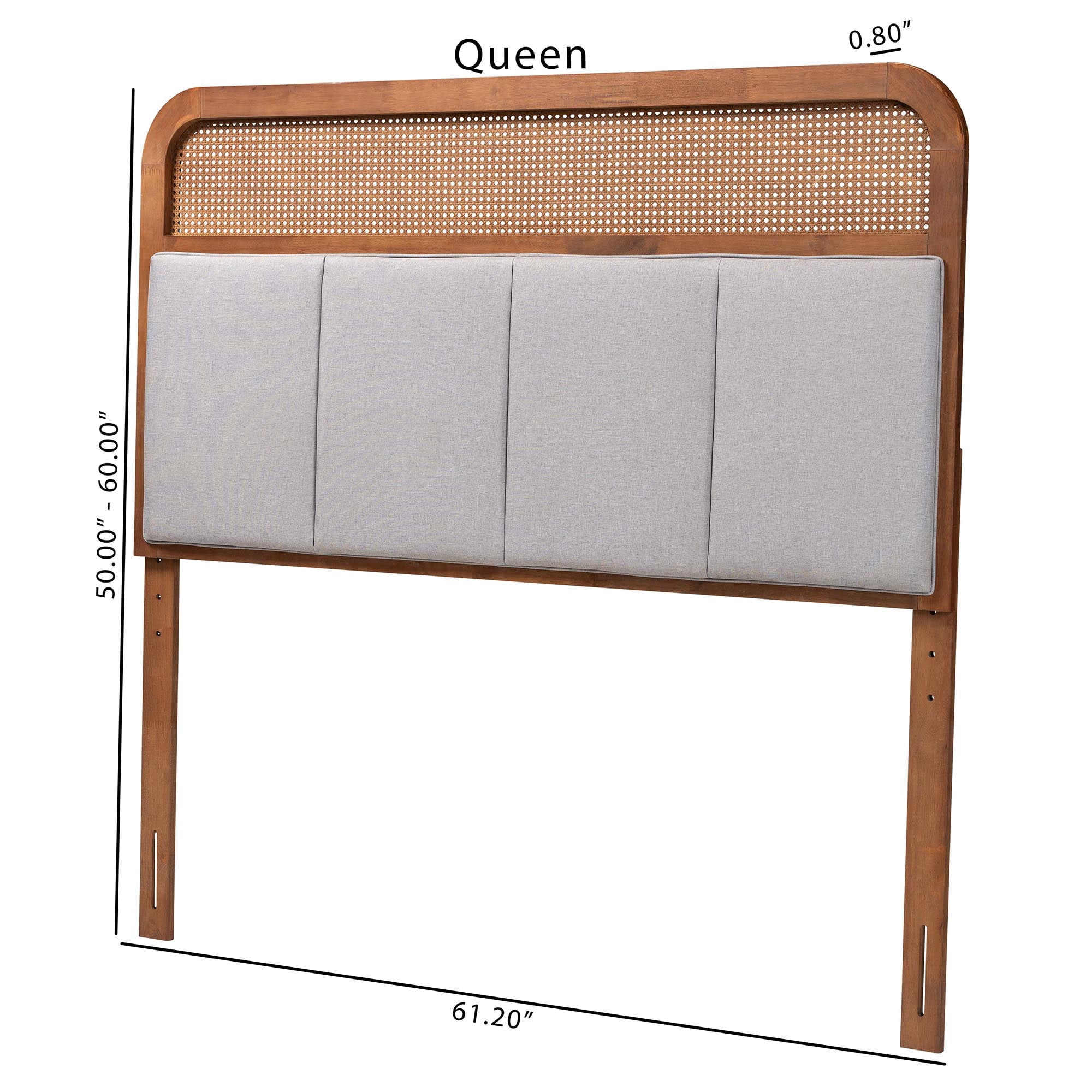 Baxton Studio Esti Mid-Century Modern Light Grey Fabric and Ash Walnut Finished Wood King Size Headboard with Rattan