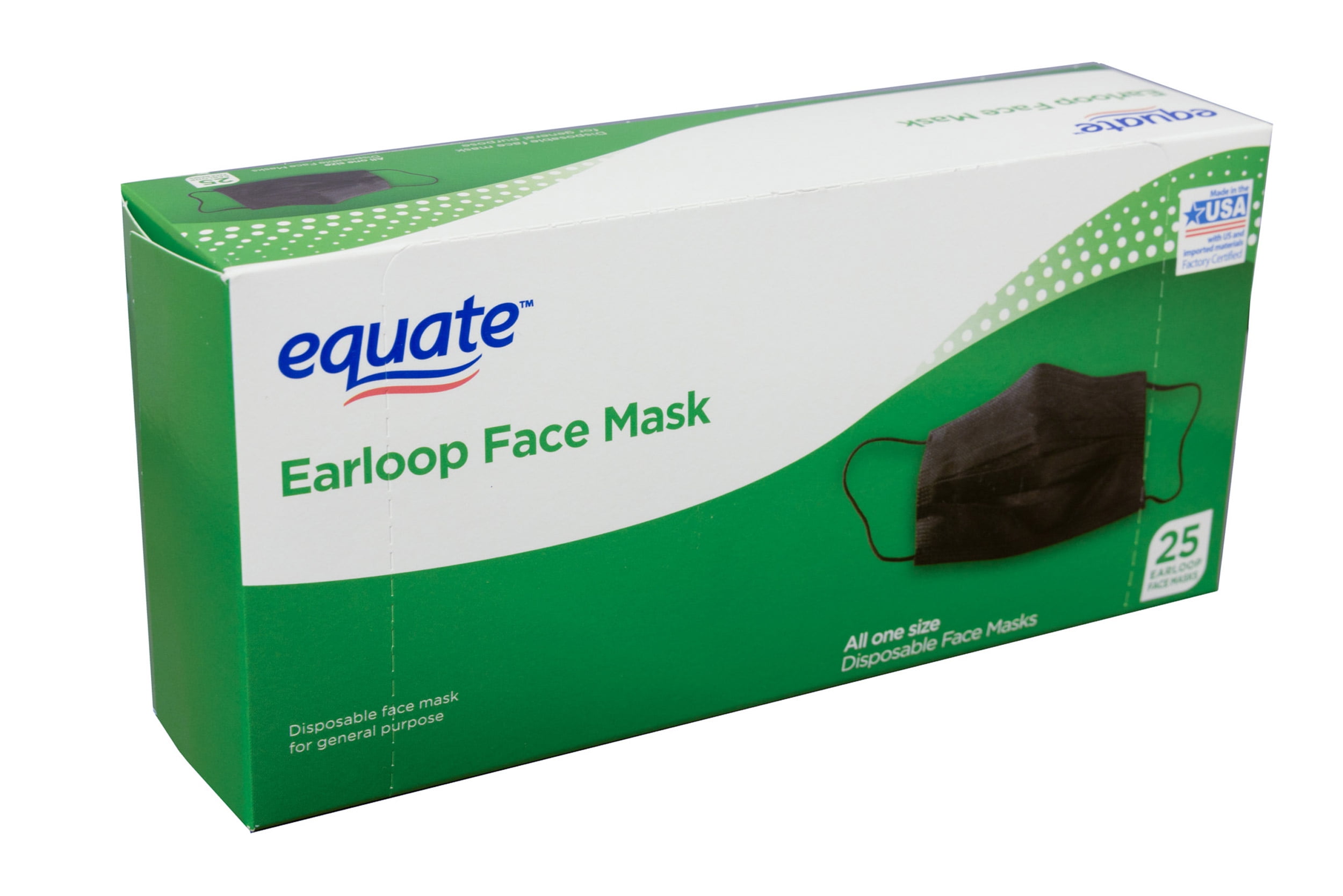 Equate Earloop Disposable Face Masks, Black, 25 Count