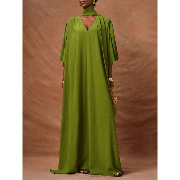 Green V-Neck Mid-Sleeve Long Loose A-Line Dress With Sash