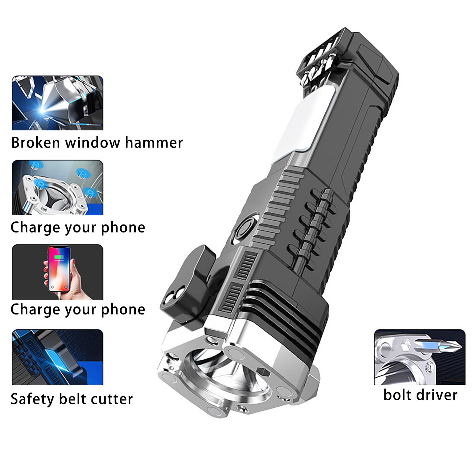 Fall Savings Clearance! SuoKom Multifunctional Car Safety Hammer, All-in-One Emergency Escape Hammer With Window Breaker, Seat Belt Cutter, Power Bank, LED Torch, Black