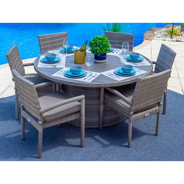 Sorrento 7Piece Outdoor Patio Furniture Round Dining Table Set in Gray w/ Dining Table and Six