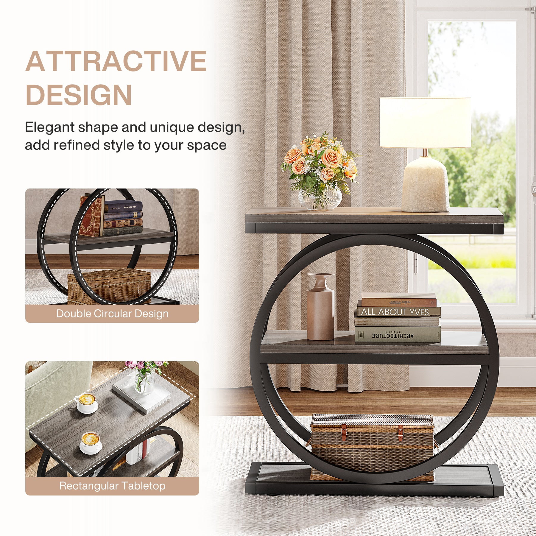 Fnova Side Table with Circular Metal Frame, End Table with 3-Tier Shelves for Living Room, Gray