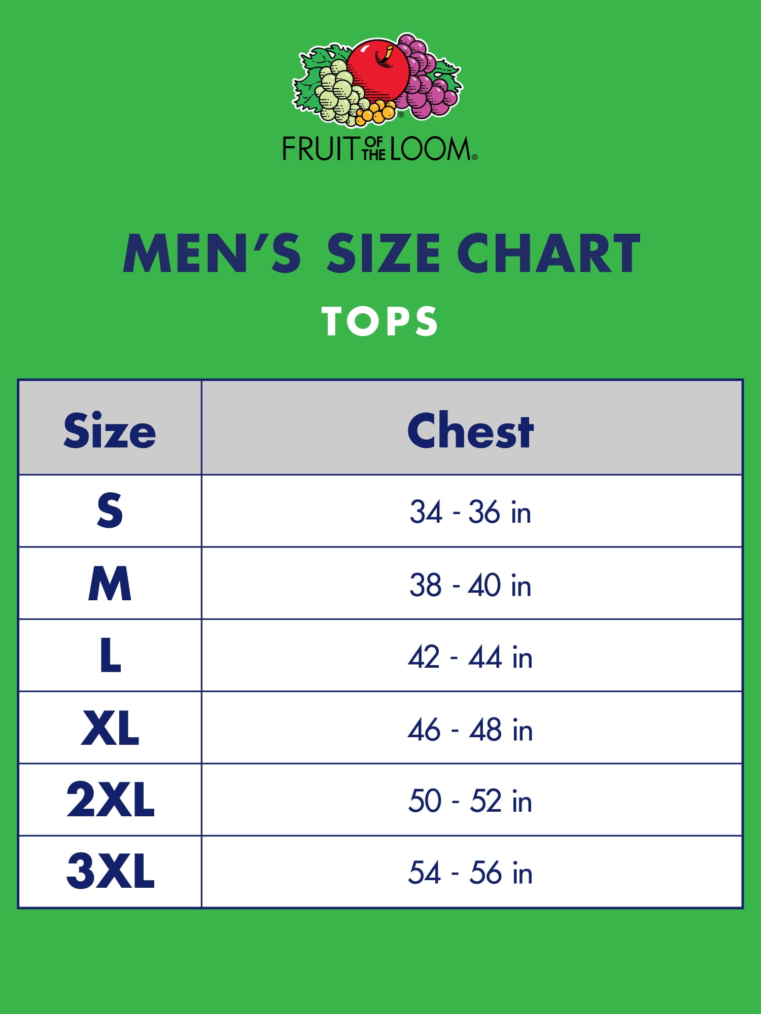 Fruit Of The Loom Mens T Shirts Size Chart