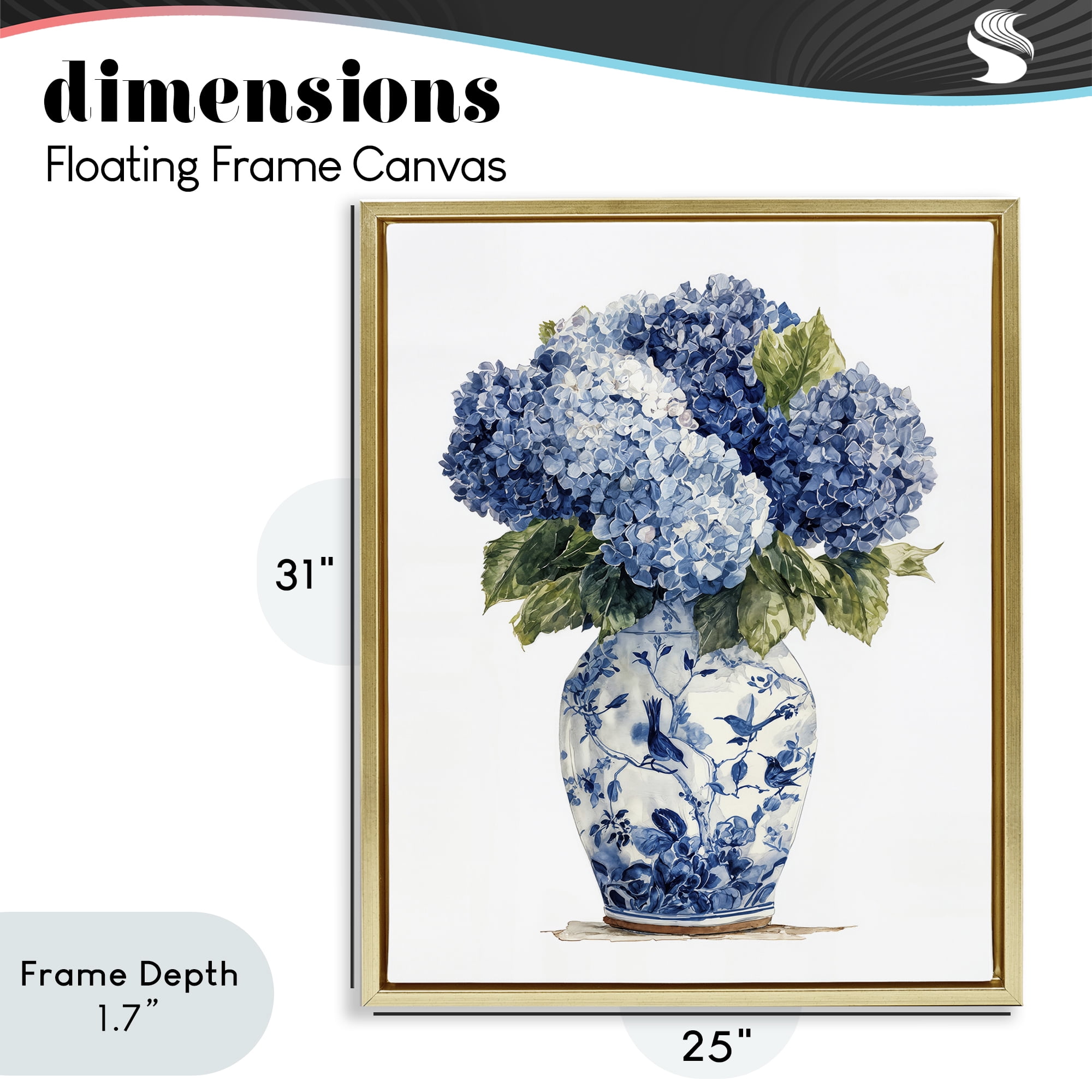Stupell Industries Blue Hydrangeas in Porcelain Gold Framed Floater Canvas Wall Art, design by Imagine It Images