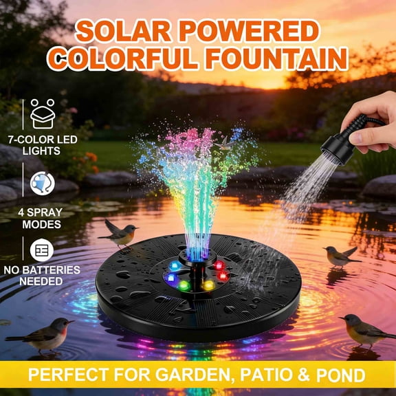 Solar Fountain with 7-Color LED Lights & 4 Spray Nozzles - Solar Powered Bird Bath Fountain for Outdoor Garden Decor, Patio, and Pond