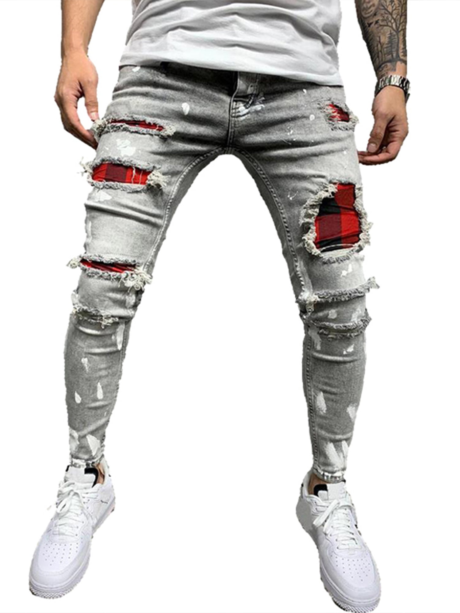 Men's Casual Denim Ripped Cropped Jeans Jogger Pants Elastic Skinny Trousers US
