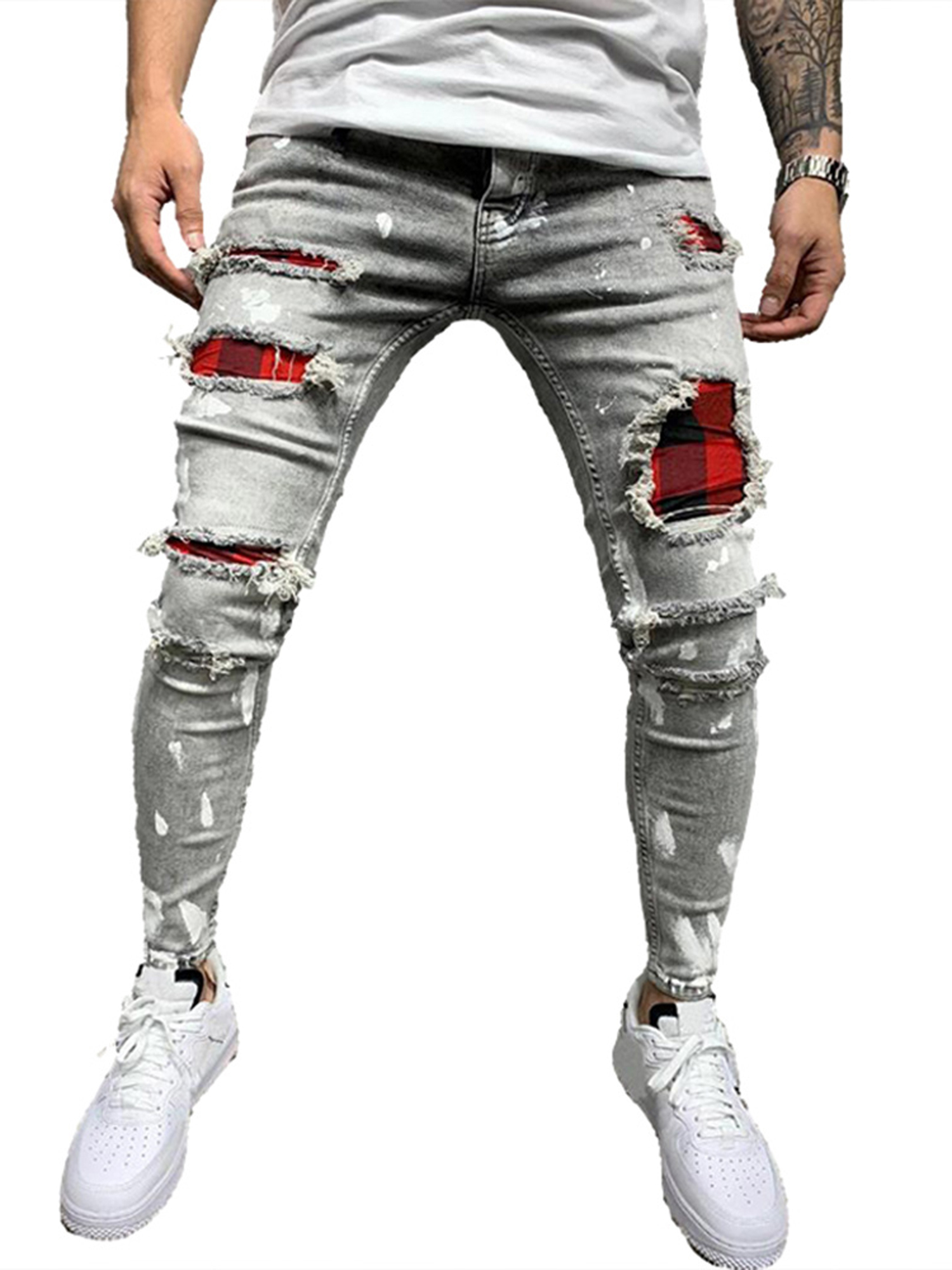 34,Navy Blue Men's Printed Jeans Street Wear Destroyed Distressed Stylish Slim Fit Denim Pants Casual Skinny Stretch Jean Trousers 