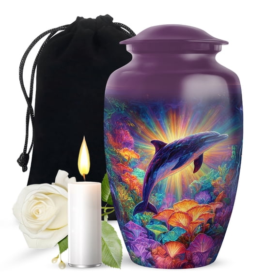 JAGASY Dolphin Funeral Urn for Ashes Adult Male, Purple Large Urns for Ashes for Women, Colorful Illustration Decorative Urns for Sister, Coral Reef Cremation Urn for Brother, (10 Inch)