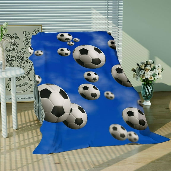 1pc Soccer Ball Print Flannel Blanket - Soft Warm All-Season Throw with Vibrant Blue & White Design, Perfect for Home, Office, Travel - Ideal Gift for Soccer Fans, Father'S Day, Birthdays, and Sports