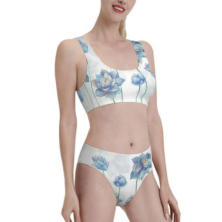 Picia Pale Blue Lotus Flowers Women s High Waisted Bikini Scoop Neck Swimsuit Two Pieces Bathing Suit-Small