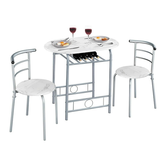 3 Piece Kitchen Table Set, Dining Table Sets for 2, Compact Table and Chairs with Steel Frame & Shelf Storage for Bistro, Small Spaces, Apartment, White