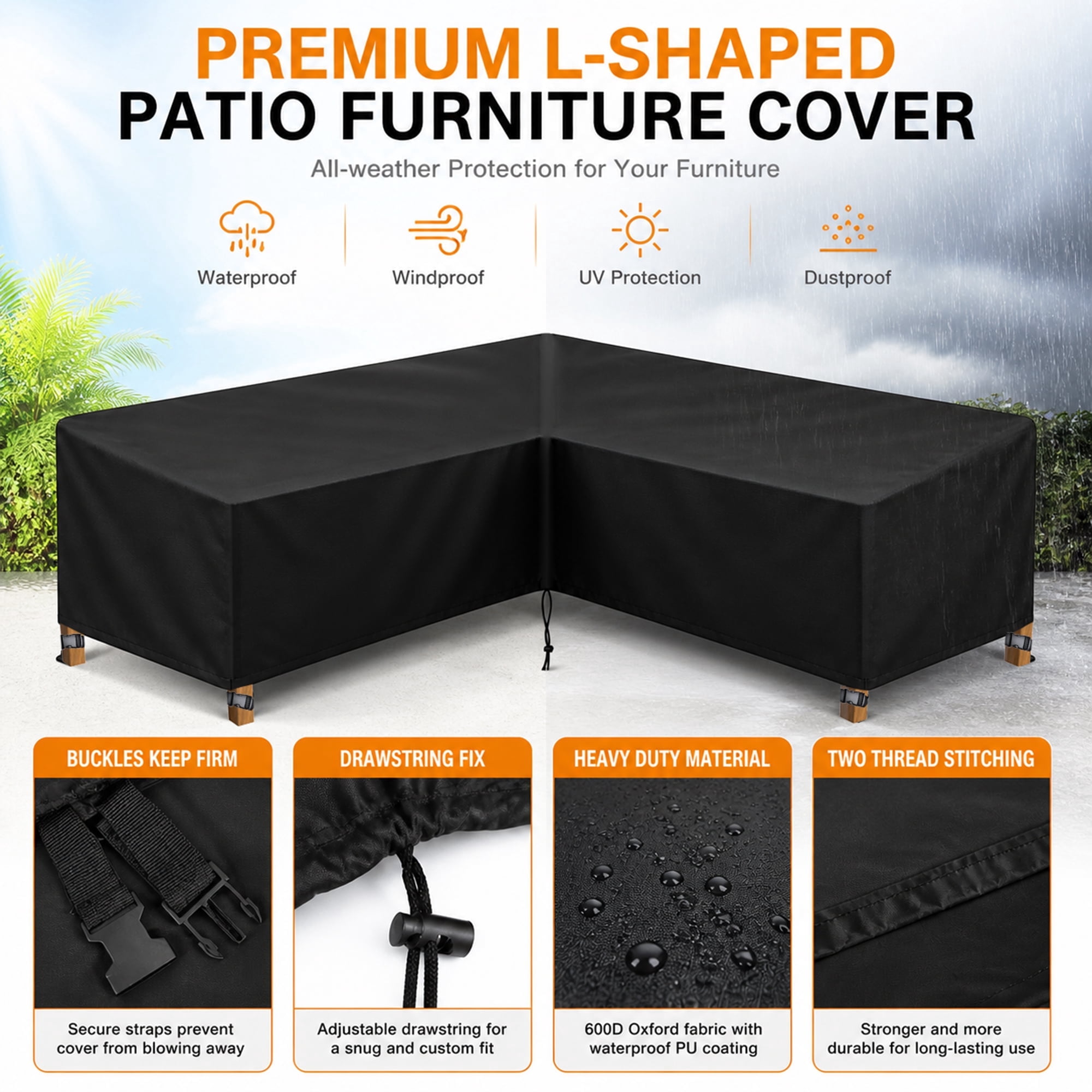 COSYUMI Patio V-Shaped Sectional Sofa Cover, Waterproof Outdoor Sectional Cover, 420D Heavy Duty Garden Furniture Sofa Cover with 4 Windproof Buckles for Outdoor Indoor Sofa
