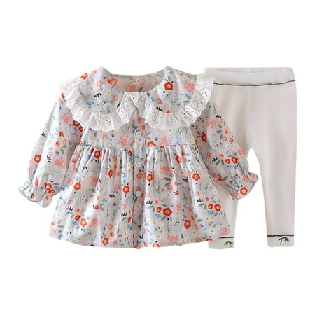 

Lapel Long Sleeve Floral Print Button Top + Solid Color Trousers Fashion Cute Girls Summer Clothes Set Kids Clothing Set