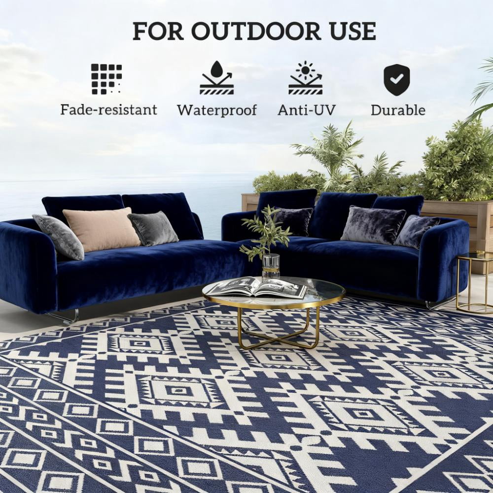 8' x 10' Blue & White Rhombus Border Reversible Outdoor Rug, Waterproof Patio Camping Mat with Carry Bag, Foldable Portable RV Carpet