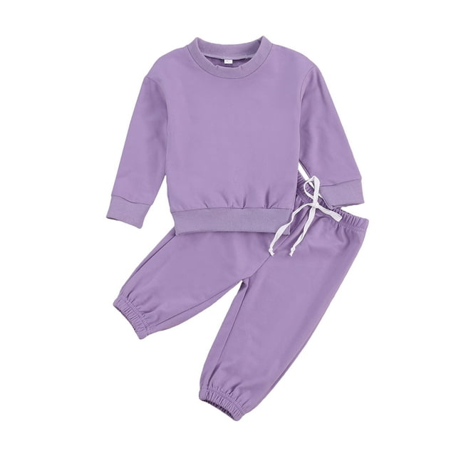 Children's Two Piece Set Kid's Solid Color Crew Neck Long Sleeve Pullover Toddler's Elastic Lace Up Trousers