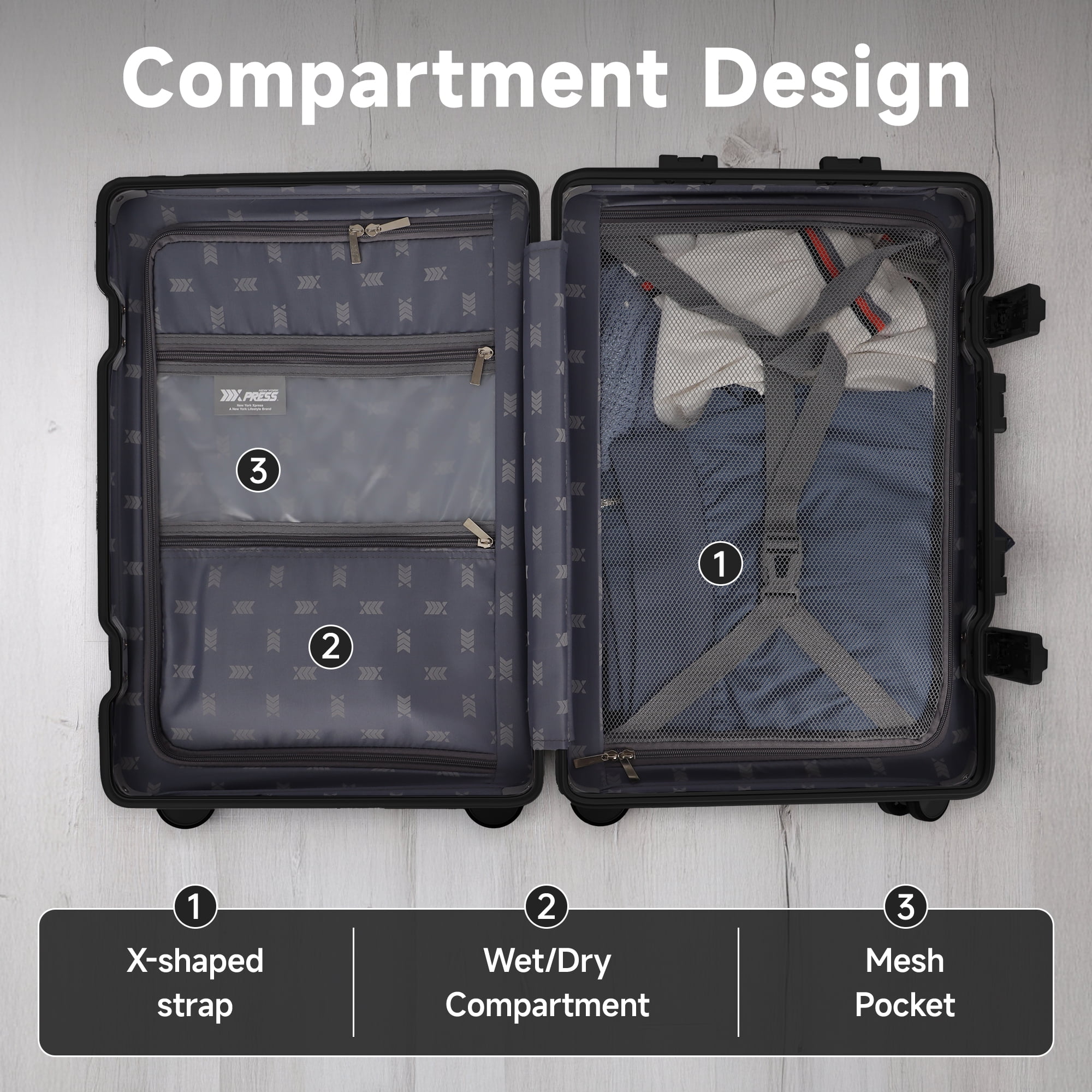 New York Xpress 20" Carry On Luggage with Aluminium Frame,Hardside Zipperless Suitcase with Spinner Wheels Double TSA Lock, Black, AL12501