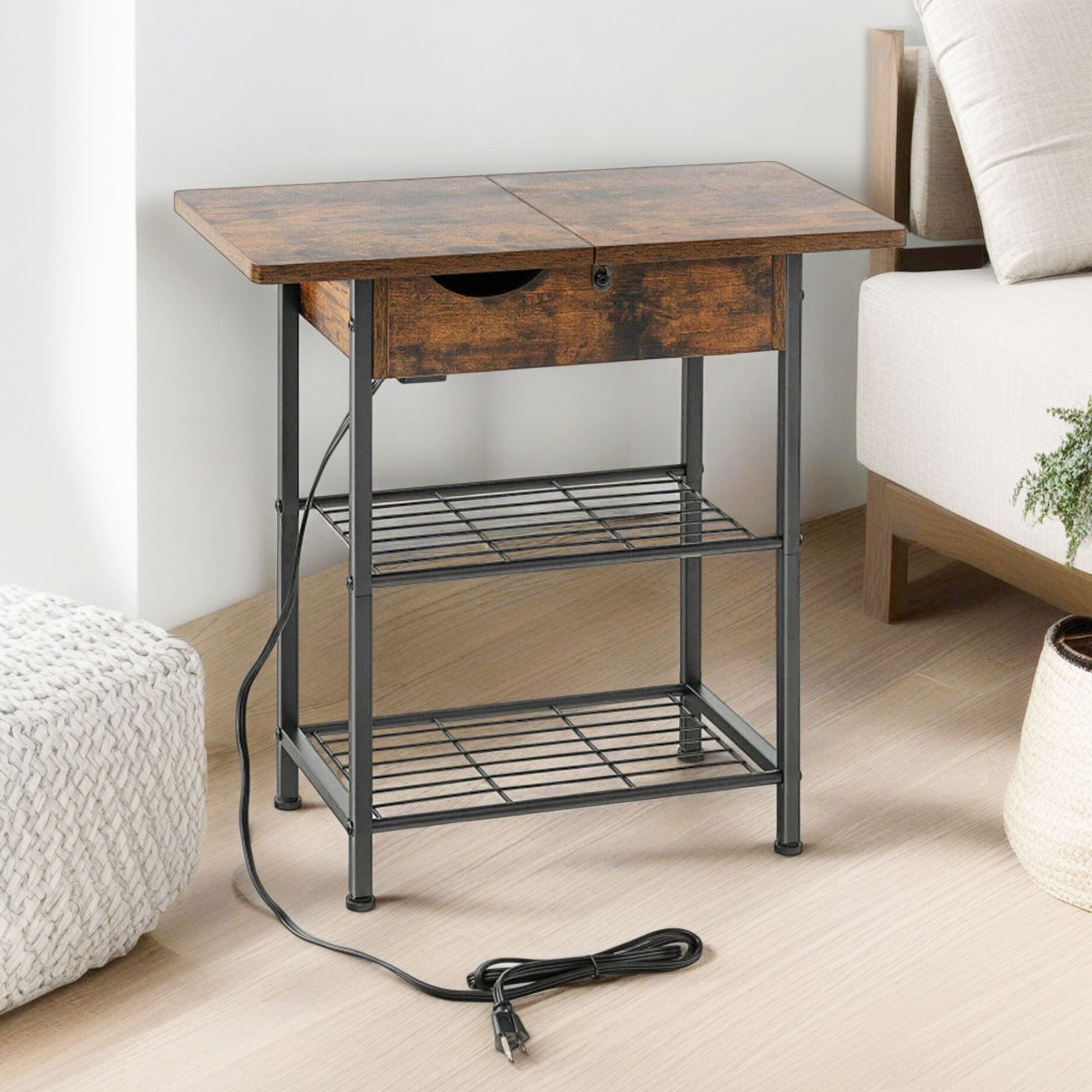 Demi Bonn Side End Table with Charging Station Flip-Up Top, Sofa Side Table, Bed Side Table, for Living Room, Bedroom, Rustic Brown