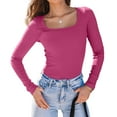 thumbnail image 2 of Womens Long Sleeve Shirts Square Neck Tops Ribbed Knit Basic Crop Tops Fall Outfits Fashion Clothes Rose Red XXL, 2 of 8