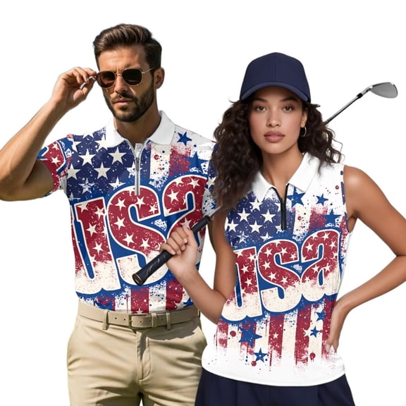 Aplkyhs USA 4th Of July Couple Golf Shirts Couple Golf Matching Outfits Quarter Zip Mens Hawaiian Shirt Suitable for Outdoor Sports Breathable Fabric Quick Dry