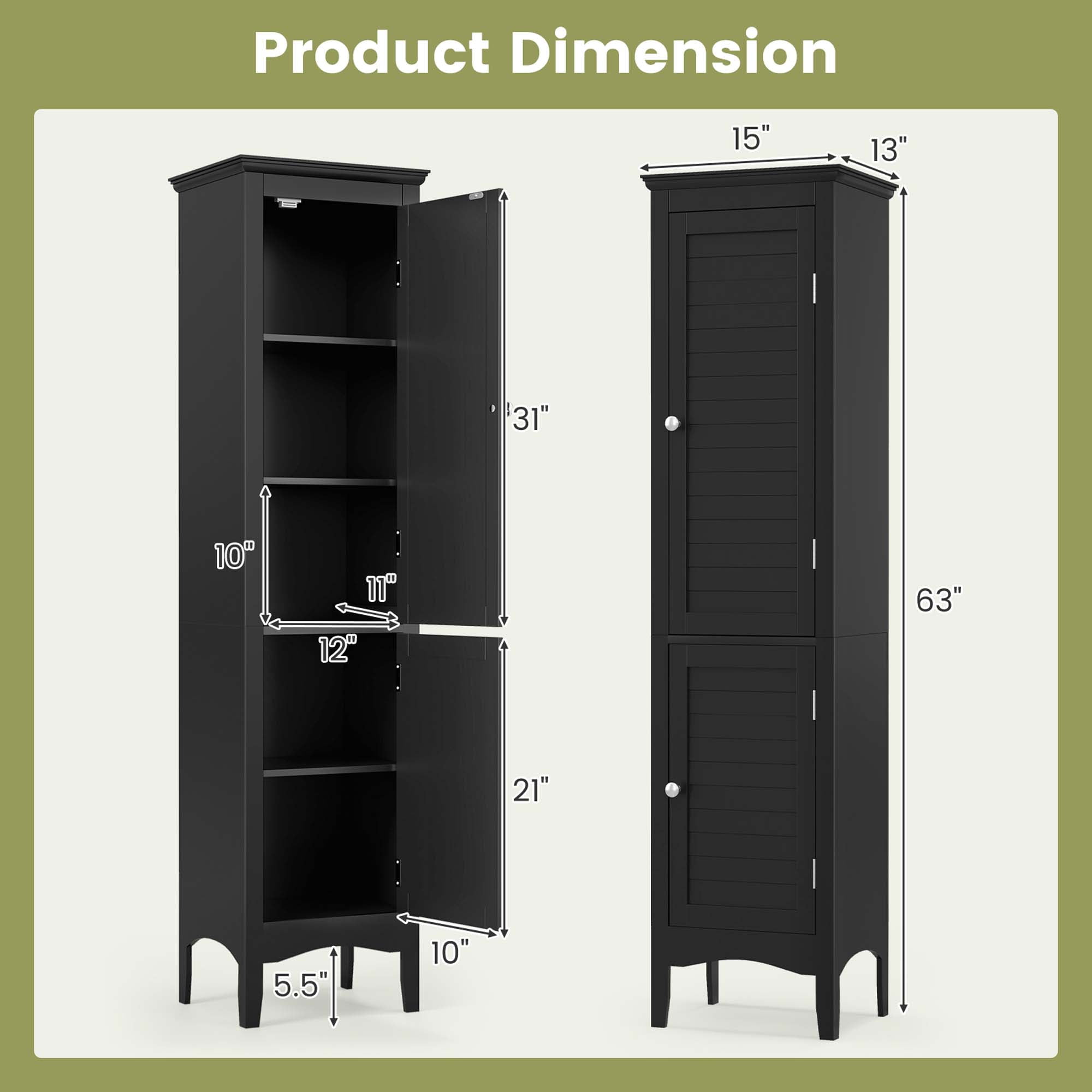 Costway Tall Bathroom Floor Cabinet Narrow Linen Tower with 2 Doors & Adjustable Shelf Black