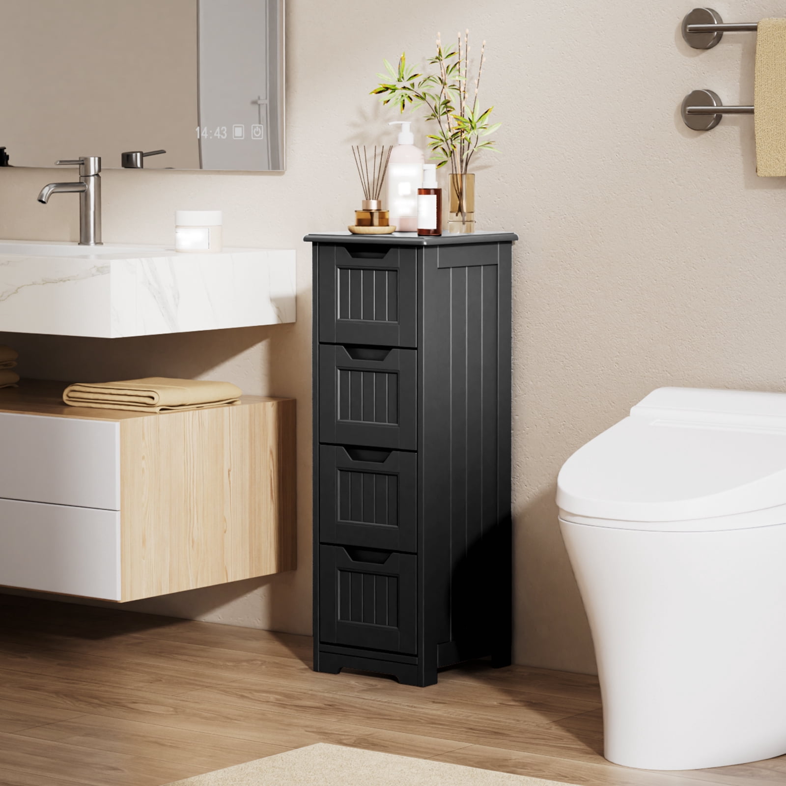 Noelse Bathroom Floor Cabinet Wooden Storage Cabinet with 4 Drawers Free-Standing Cabinet for Hallway Living Room and Bathroom, Black