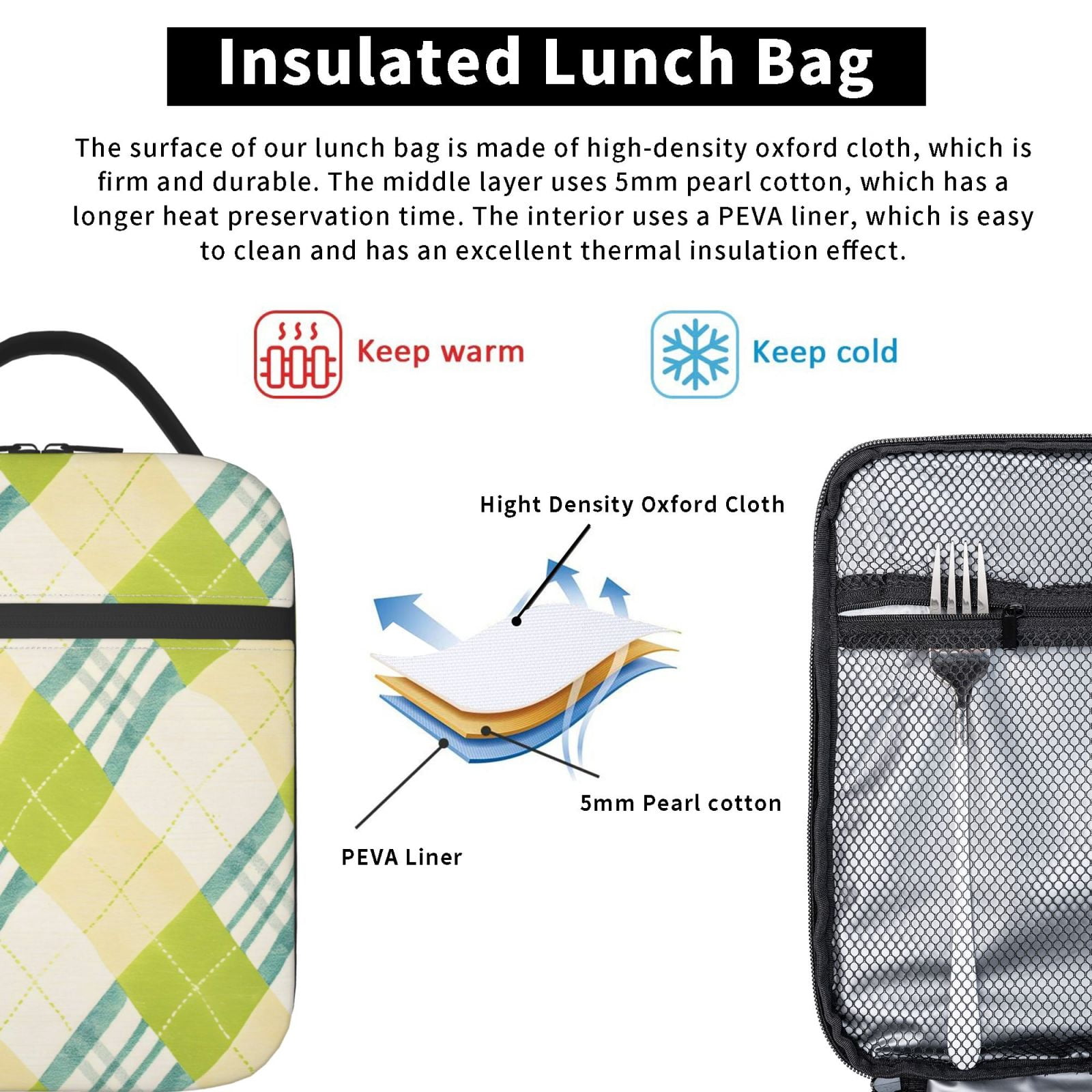 Lunch Bag For Women Men Insulated Portable Lunch Box Bento Box Office Picnic Travel Cooler Bag Lime Houndstooth Hand-Drawn Sketch_1