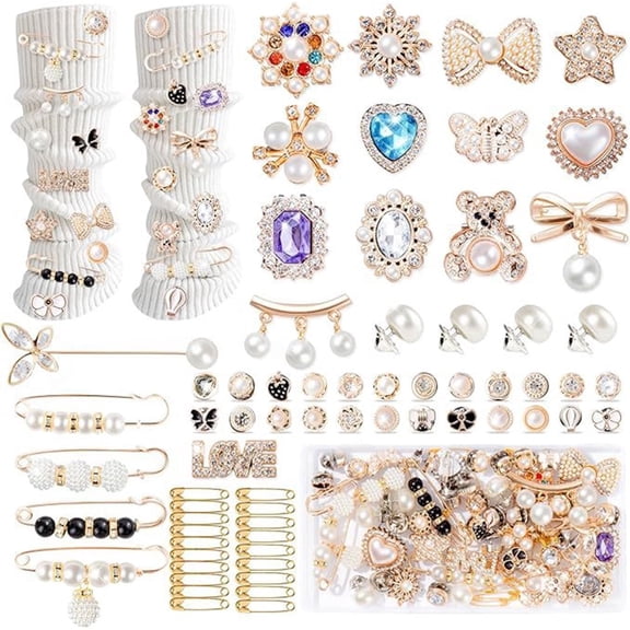 Youersen 65-Piece Junk Socks Charms Kit, Gold Brooches and Pins with Pearls and Rhinestones for Women