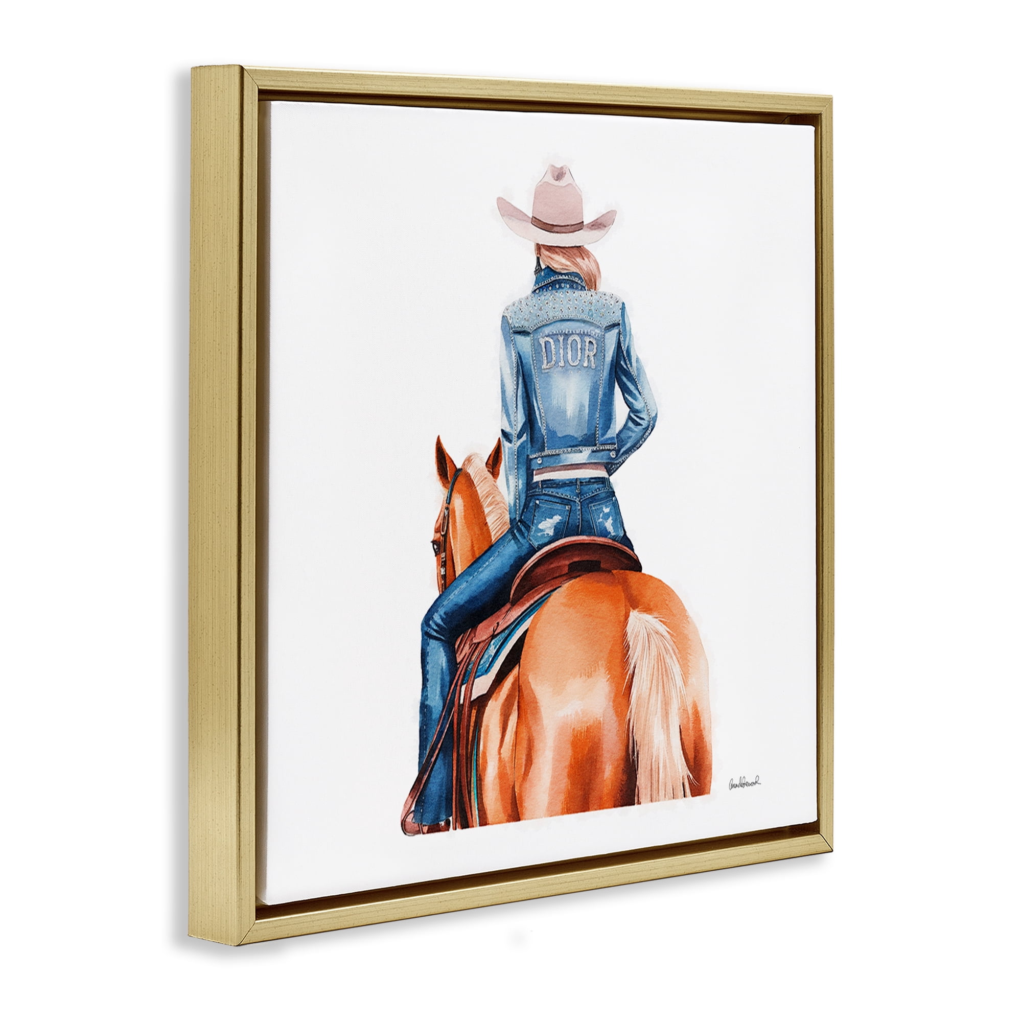 Stupell Industries Glitzy Cowgirl & Horse People Painting Gold Floater Framed Canvas Art Print Wall Art, 25 x 25