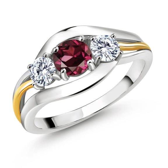 Gem Stone King 925 Sterling Silver and 10K Yellow Gold Round Red Rhodolite Garnet and White Moissanite 3 Stone Ring for Women (1.06 Cttw, Available in Size 5, 6, 7, 8, 9)