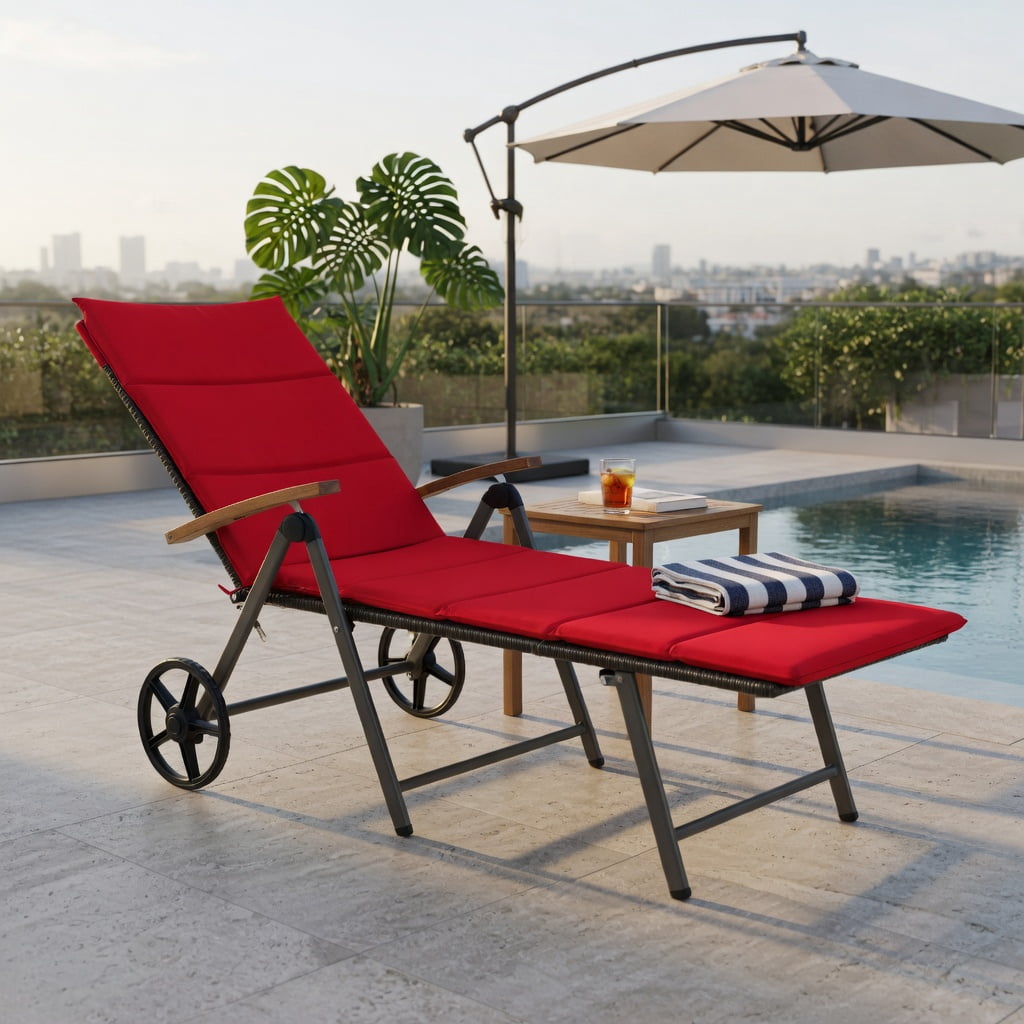 Hommoo Outdoor Rattan Chaise Lounge Chair with Adjustable Backrest & Wheels, PE Wicker Aluminum Frame, Foldable Sun Lounger for Patio, Pool, Deck, Red