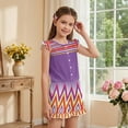 thumbnail image 4 of ZIATUBLES Girls Summer Casual Romper Button Round Neck Playsuit Outfit for Girl Kids 5-6 Y, Ruffle Sleeve Elastic Waist Design One-Piece Short Jumpsuit, Violet Geometric Stripe Print, 4 of 6
