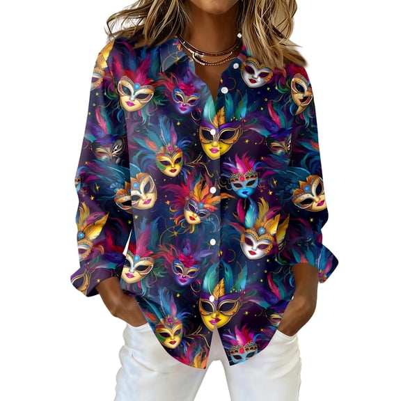 T Shirts for Women Hawaiian Shirt Street Carnival Themed Masks Graphic Tees Holiday Festival Mardi Gras Outfit