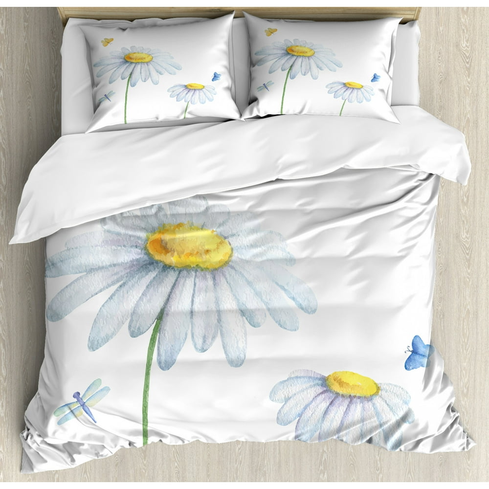 Dragonfly King Size Duvet Cover Set, Chamomiles Moths Dragonflies