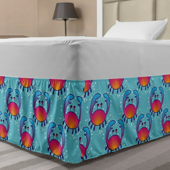 Crab Bed Skirt, Colorful Sea Crab Sketches on Bubble Shaped Dotted Background Nautical Art Print, Elastic Bedskirt Dust Ruffle Wrap Around for Bedding Decor, 4 Sizes, Aqua Multicolor, by Ambesonne