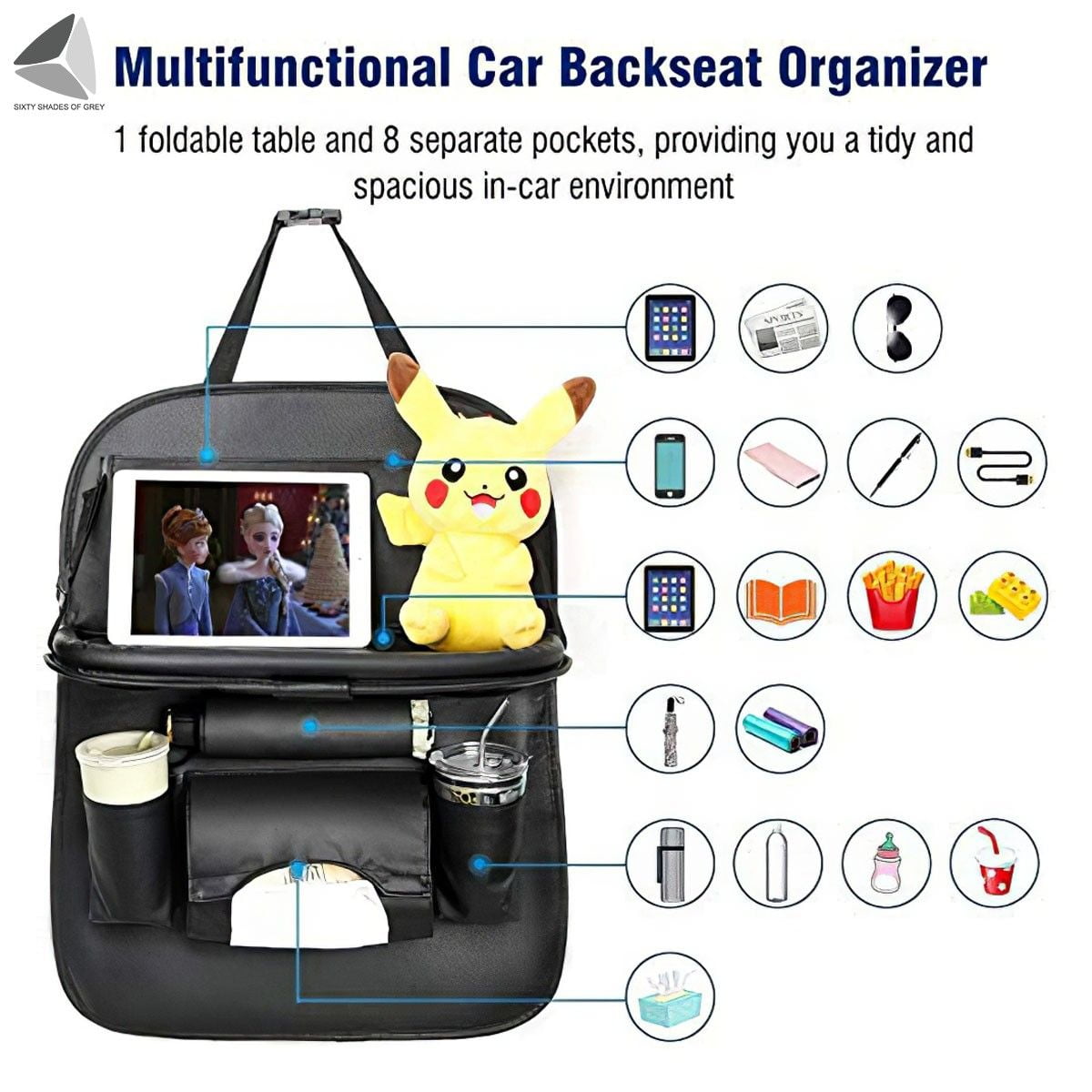 PULLIMORE Car Backseat Organizer with Foldable Tablet Holder, PU Leather Car Storage Protectors Seat Kick Mats Cup Holder Car Universal Use Covers (Black)