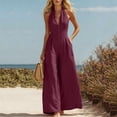 thumbnail image 4 of Costeam Womens Halter Neck Front Zip Linen Blend Jumpsuit Sleeveless Wide Leg Full Length with Side Hidden Pockets Relaxed Fit Solid Color Casual Beach Romper Multi Color, 4 of 6