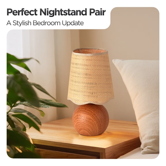 KUNJOULAM Boho Rattan Table Lamp, Accent Lamp with Woven Lampshade  Metal Base, Bedside Nightstand Desk Light for Bedroom Livingroom Home Decor  Use E26 Bulb (Bulb Not Included)