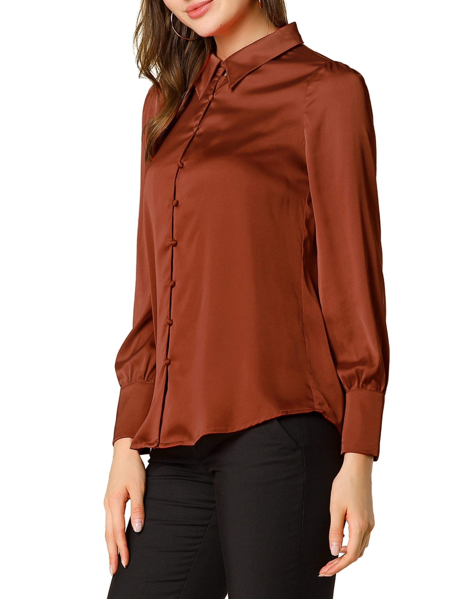 DARING DIVA Turn Down Collar Puff Sleeve Work Shirt L Burnt Orange