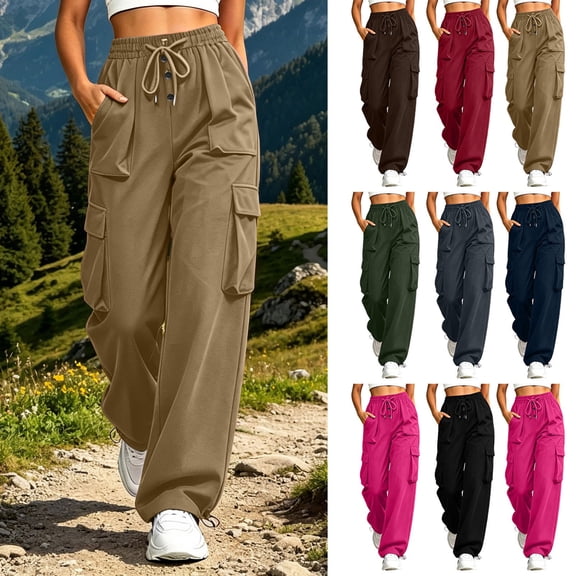 Mineart Women Solid Cargo Pants Casual Quick Dry Trousers with Elastic Drawstring Waist and Drawstring Hem Multi Pockets Button Trim for Outdoor Hiking
