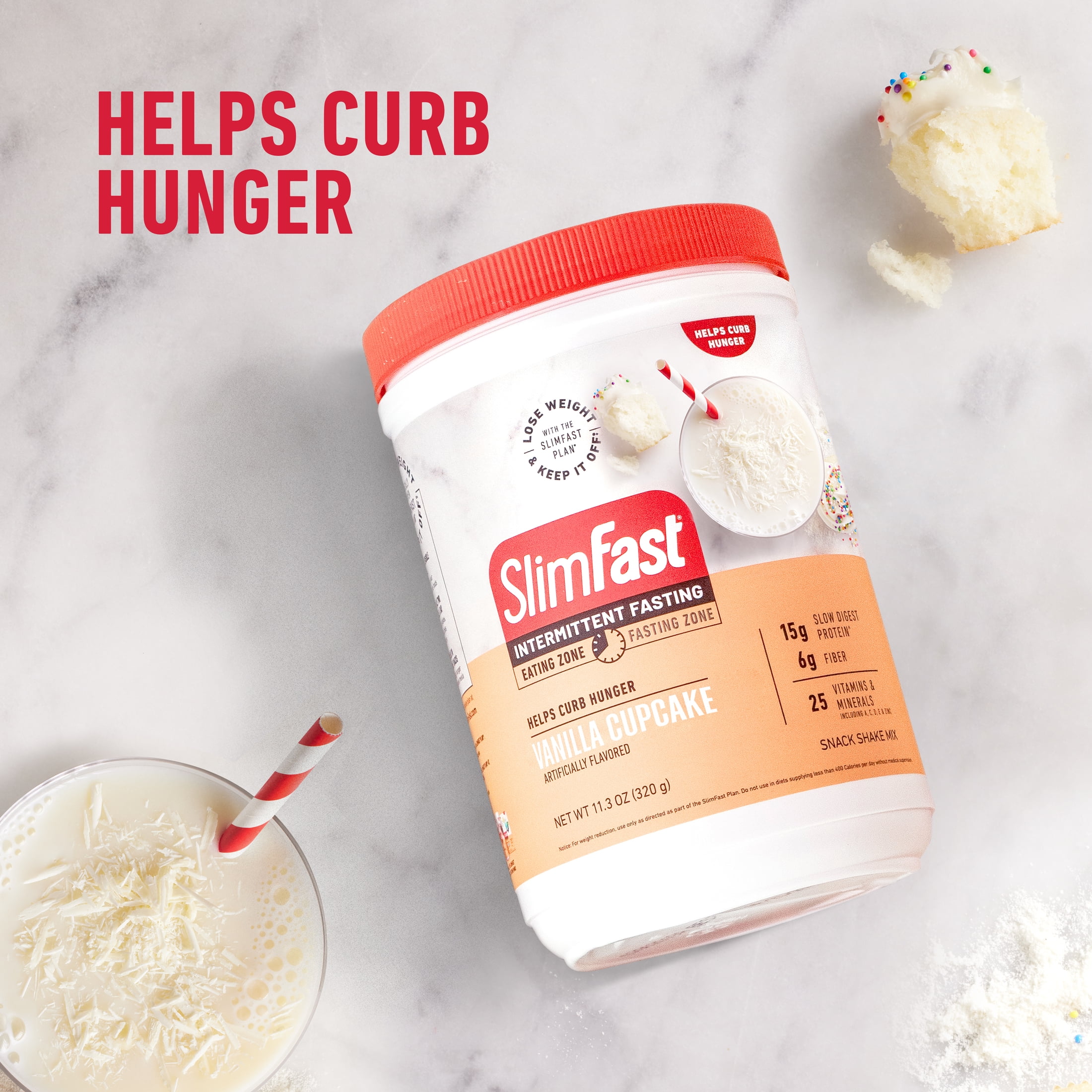 SlimFast Intermittent Fasting, Vanilla Cupcake, Snack Shake Mix, Casein Protein Powder, 10 Servings