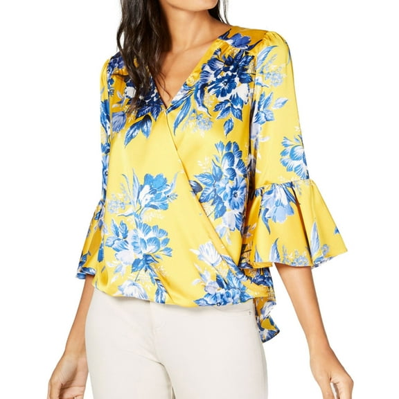 I.N.C Womens Floral Bell Sleeve Ruffled Blouse, Yellow, Small