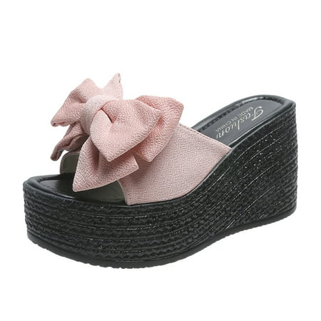 

Slippers for Women Ladies Fashion Cloth Bow Fish Mouth Platform Wedge Heel Casual Slippers Womens Slippers Cloth Pink 41