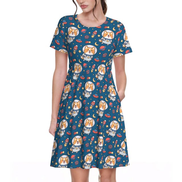 Disketp Astronaut Corgi Dog para Vestido de Manga Corta para Mujeres, Vestidos de Verano para Mujeres, Casual y Holgado para la Playa